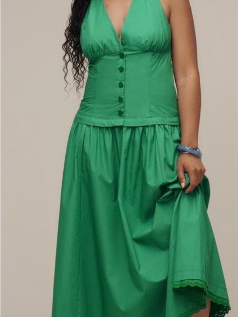 Maeve by Anthropologie Green Halter Maxi Dress with Dropped Waist